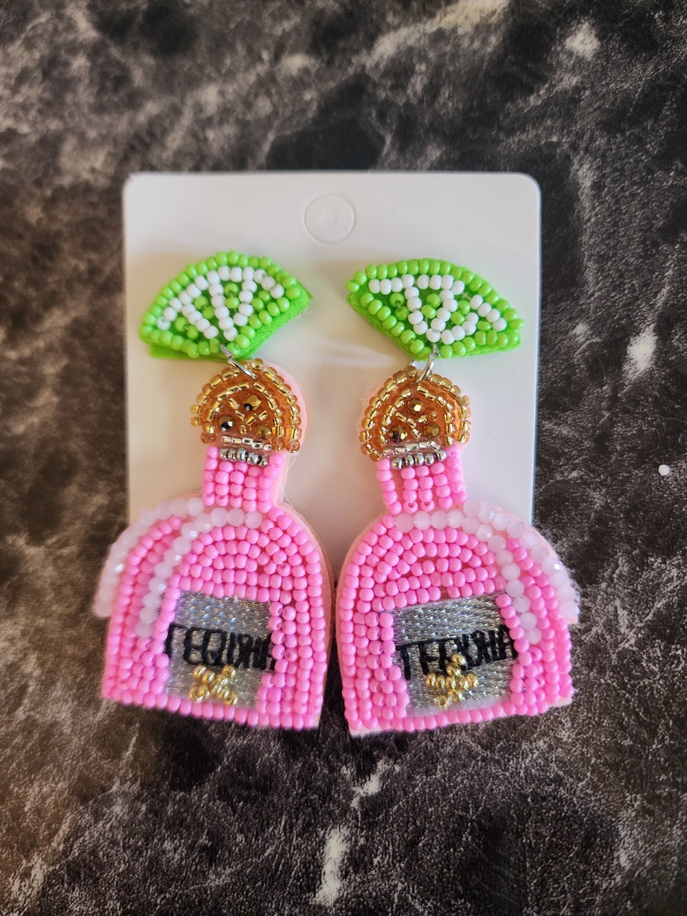 Beaded Pink Tequila Bottle Dangle Earrings